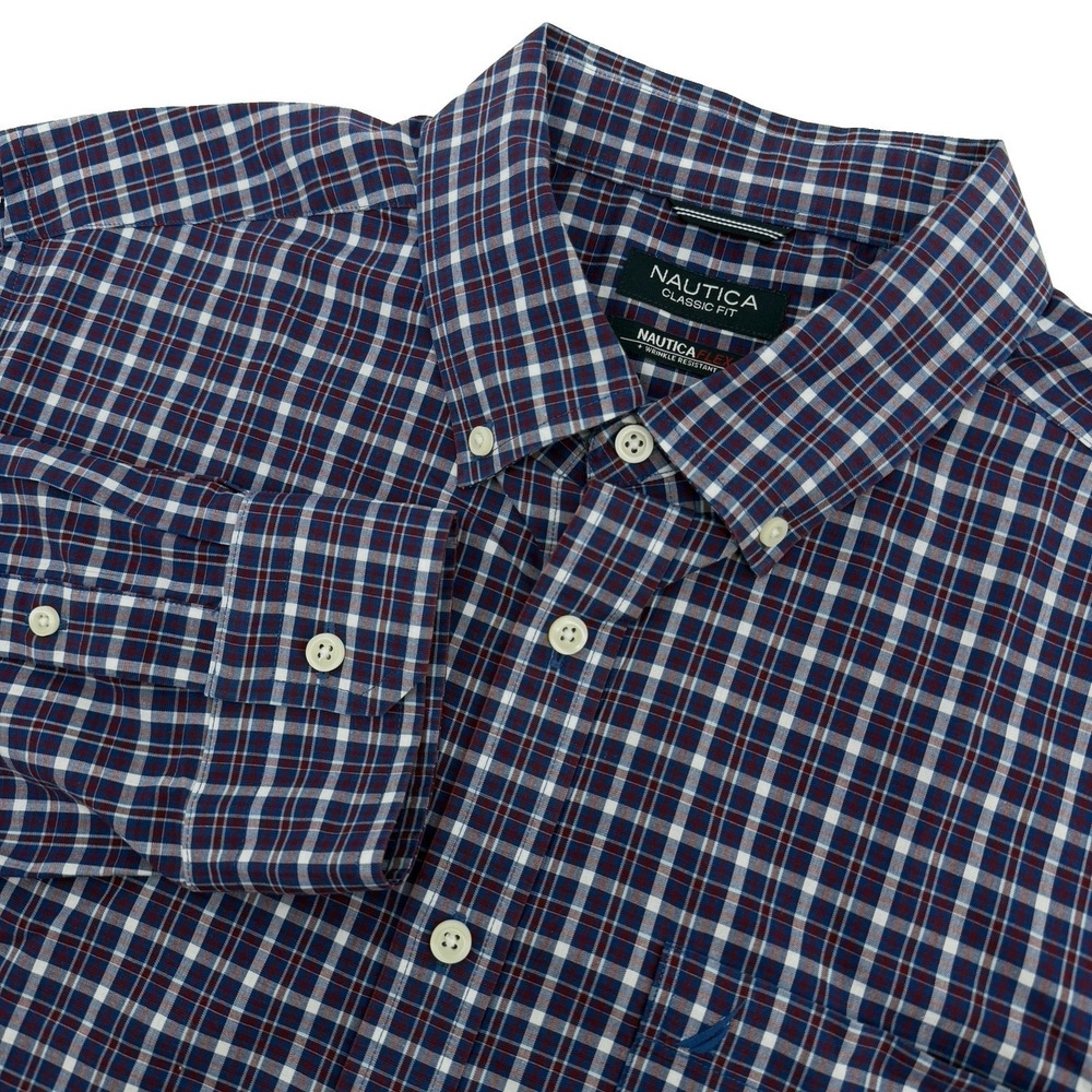 Nautica Shirt Mens XL Blue Plaid Long Sleeve Flex Wrinkle Resistant Classic Fit
